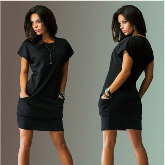 Robe T-shirt moulante femme – Été, manches courtes, col rond avec poches