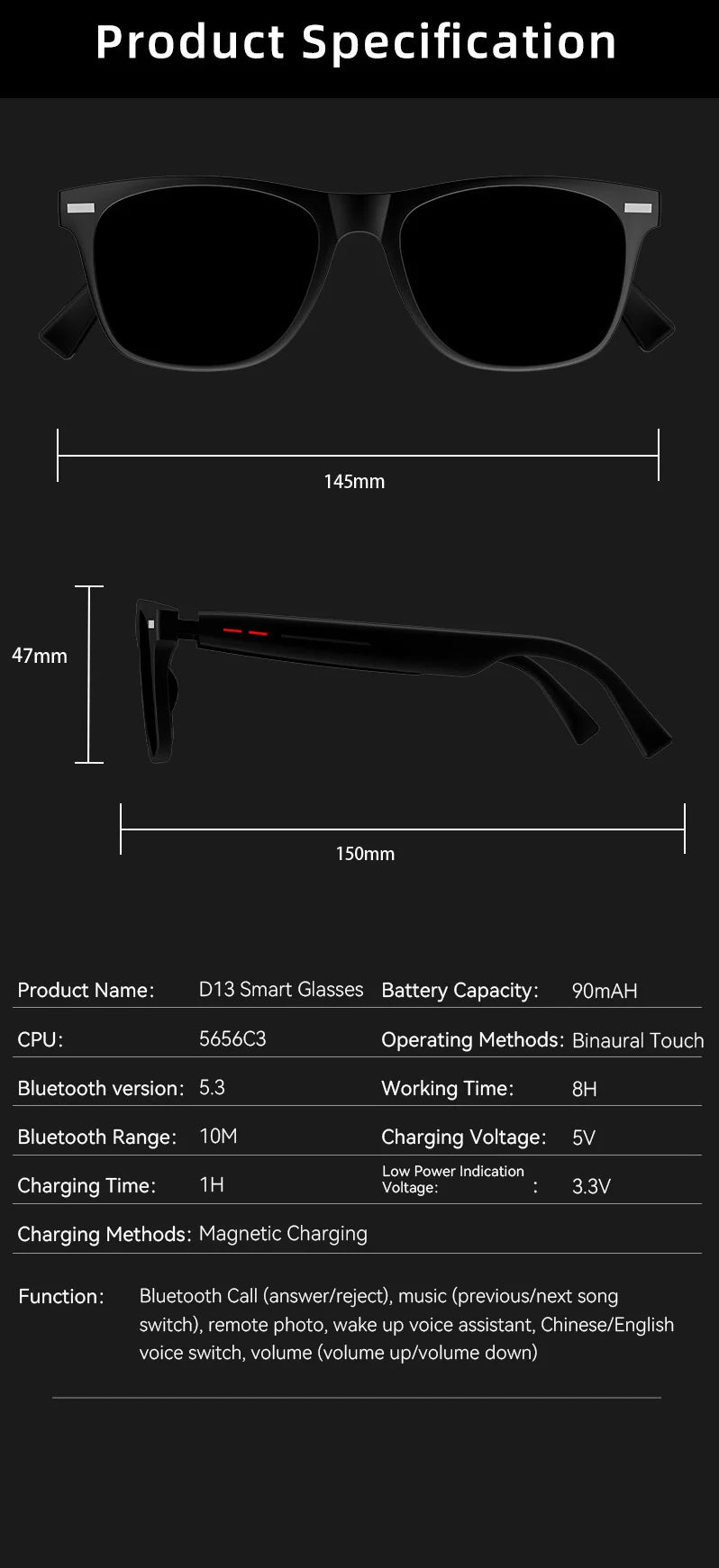 Lunettes Intelligentes avec Caméra, Commande Tactile, Appels Bluetooth, Musique Stéréo, Microphone et Assistant Vocal AI pour Téléphones Android et iOS