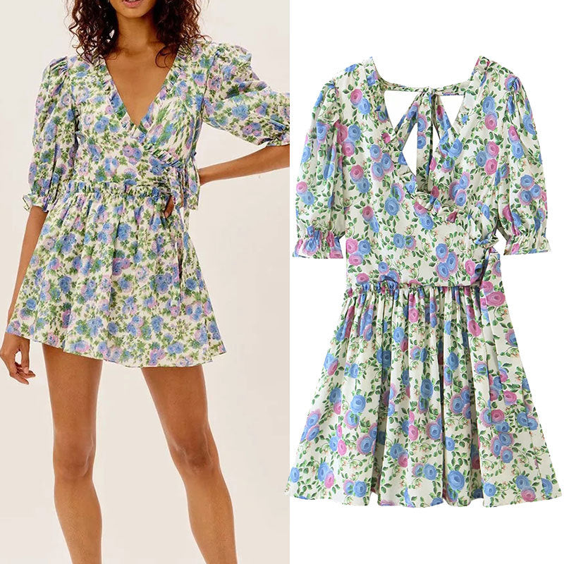 Women Summer Green Floral Chiffon Dresses Holiday Puff Short Sleeve V-Neck Back Lace Up Design Wrap One Piece Dress