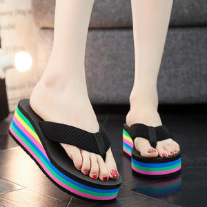 Women's Summer Platform Wedge Flip-flops Foam Rainbow Statement Sandals