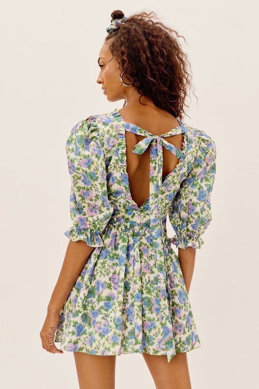 Women Summer Green Floral Chiffon Dresses Holiday Puff Short Sleeve V-Neck Back Lace Up Design Wrap One Piece Dress