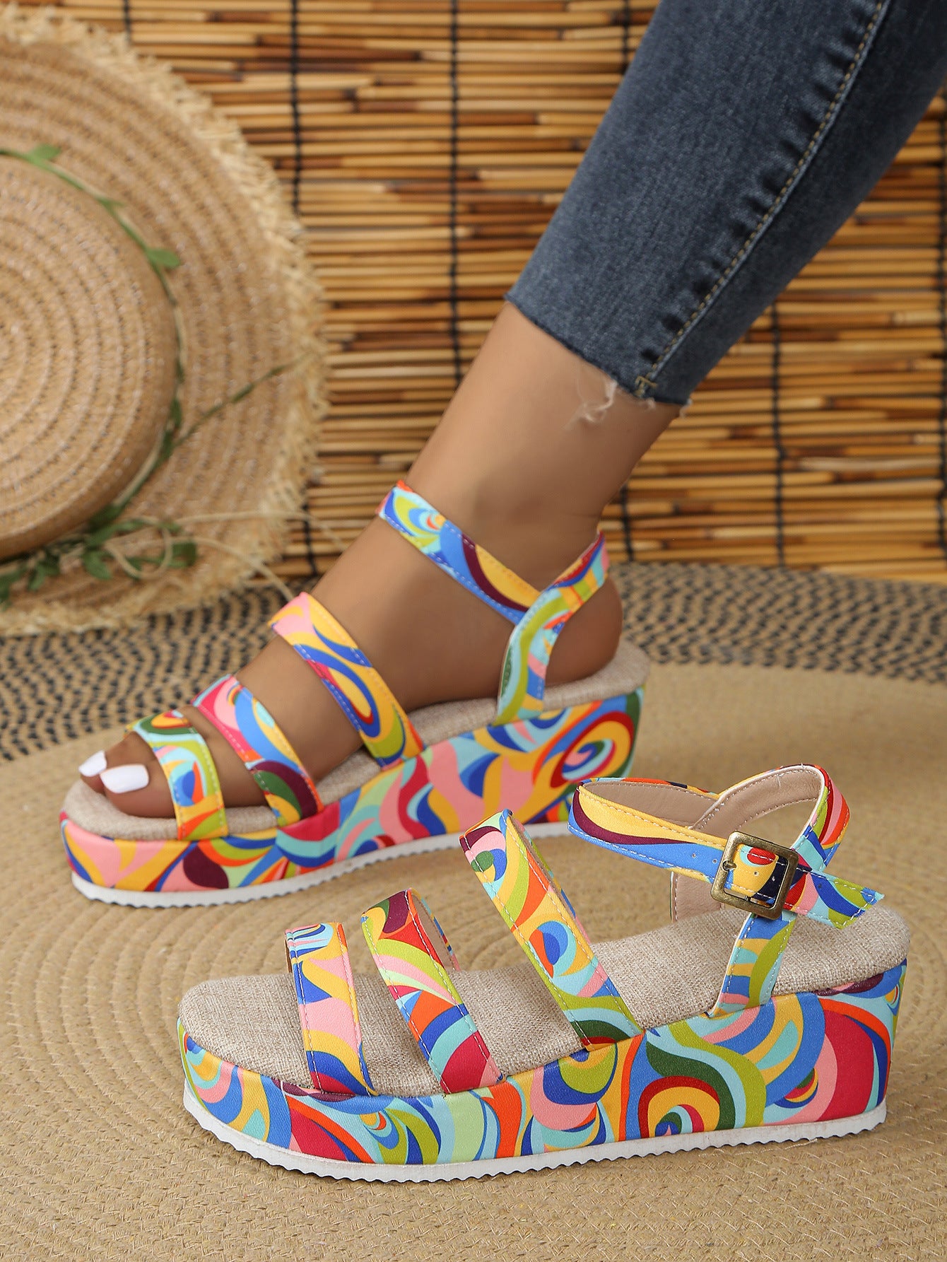 Women's Colorful Peep Toe Buckle Sandals